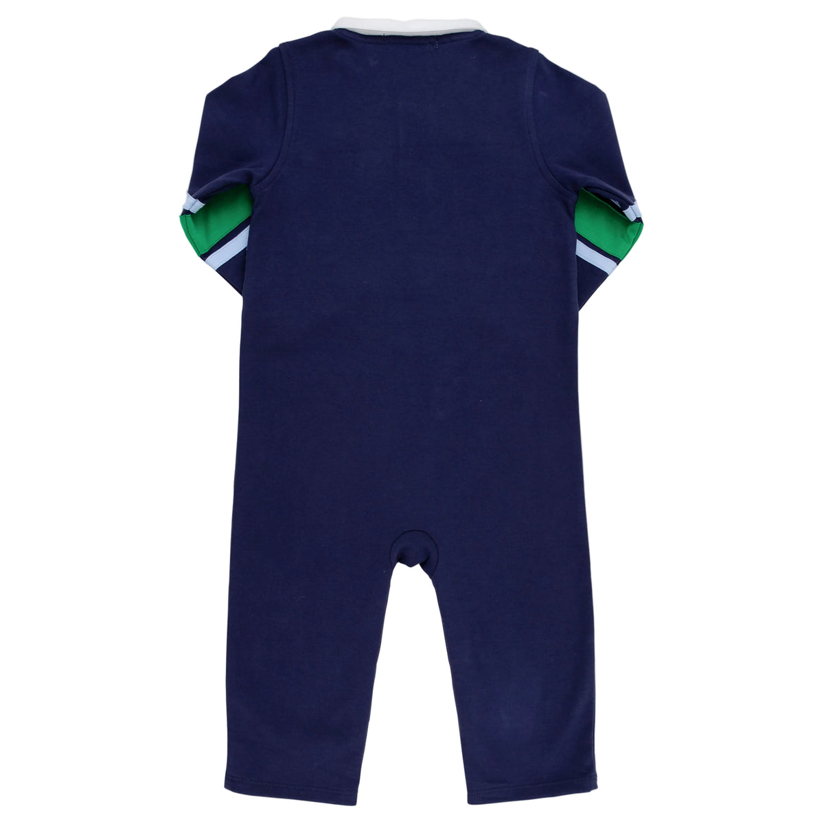 The Beaufort Bonnet Company’s Baby Boys’ Sir Proper’s Rugby Romper features a navy blue Pima cotton design with short sleeves, green and white striped side detailing, and snap closures at the bottom, shown from the back.