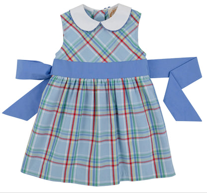 Introducing the Baby Girls’ and Girls’ Sleeveless Cindy Lou Sash Dress by The Beaufort Bonnet Company. This charming dress showcases a sleeveless design with a crisp white Peter Pan collar, completed by a bold blue sash that ties at the back. The light blue fabric is adorned with classic red, green, yellow, and blue stripes in the signature Kensington Court Plaid, creating an irresistibly timeless look for any little girl.