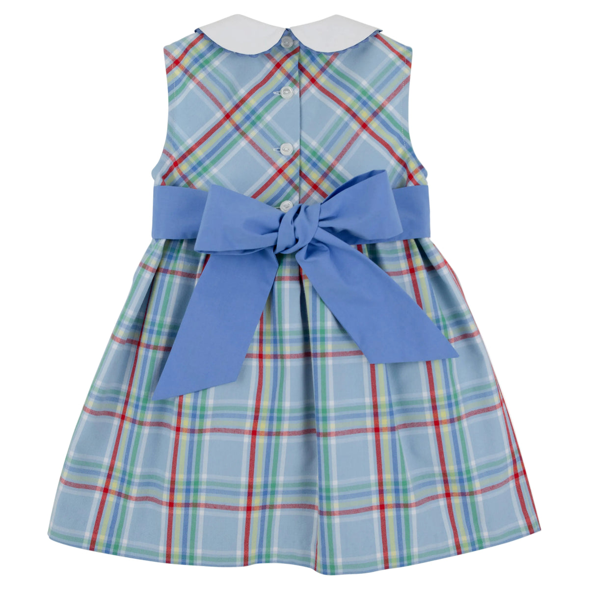 This adorable sleeveless dress features a classic plaid pattern, a crisp white collar, back button closures, and a wide blue sash that ties in a bow at the waist—just like the Baby Girls’ and Girls’ Sleeveless Cindy Lou Sash Dress by The Beaufort Bonnet Company.