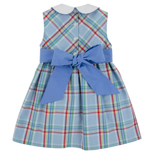 This adorable sleeveless dress features a classic plaid pattern, a crisp white collar, back button closures, and a wide blue sash that ties in a bow at the waist—just like the Baby Girls’ and Girls’ Sleeveless Cindy Lou Sash Dress by The Beaufort Bonnet Company.
