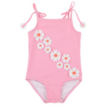 The Beaufort Bonnet Company’s Baby Girls’ and Girls’ St. Lucia Swimsuit in pink features white daisy appliques arranged in a diagonal line along the front, with additional daisy accents adorning the shoulder straps. This delightful one-piece combines playful details with timeless style, making it perfect for sunny days by the water.