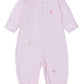 The "Baby Jungle Mates Hand Emb. Striped Conv Gown" by Kissy Kissy, in pink Pima cotton, has long sleeves and embroidered animals: a pink elephant, yellow giraffe, and green turtle.