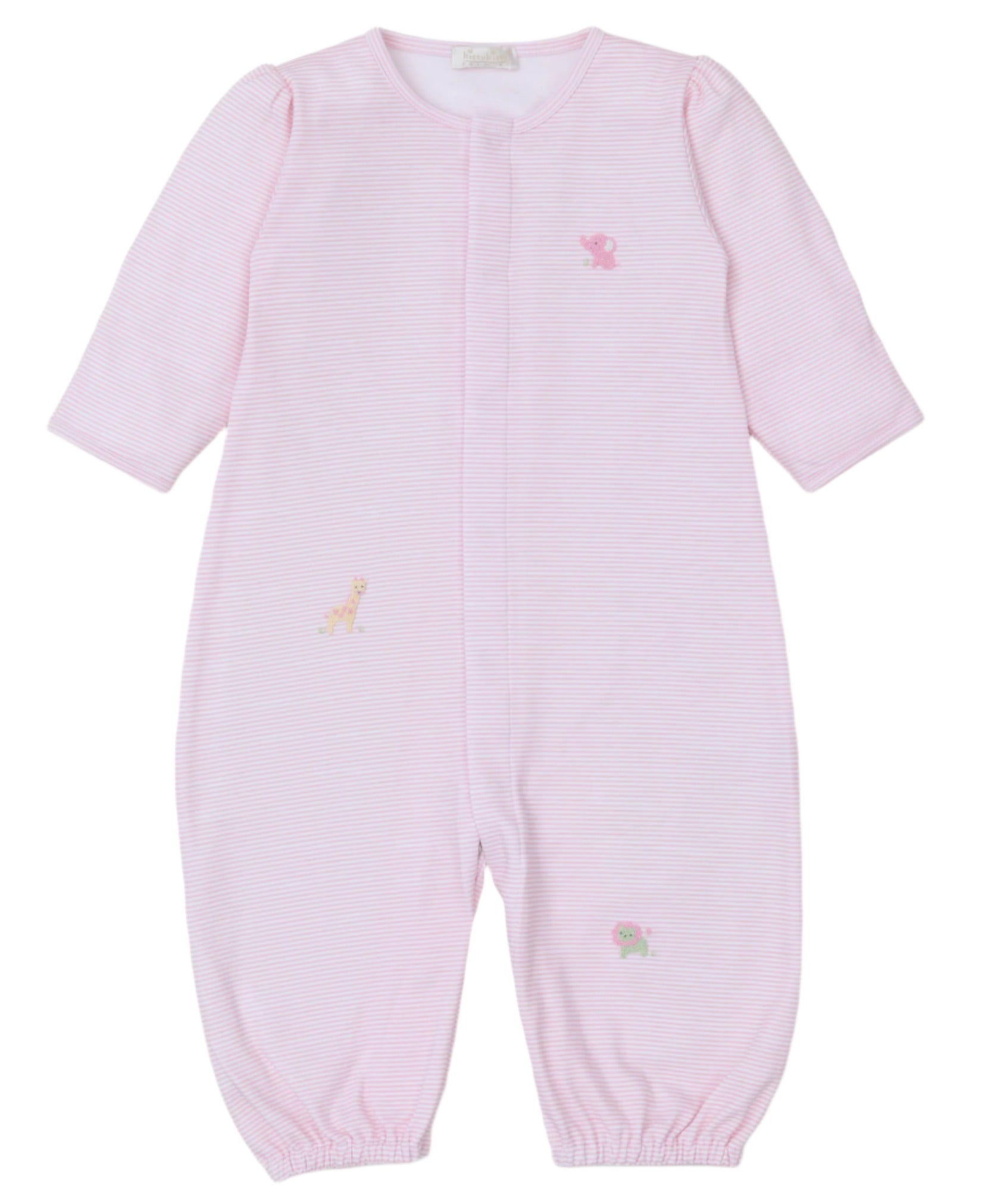 The "Baby Jungle Mates Hand Emb. Striped Conv Gown" by Kissy Kissy, in pink Pima cotton, has long sleeves and embroidered animals: a pink elephant, yellow giraffe, and green turtle.