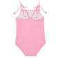 The Beaufort Bonnet Company Baby Girls’ and Girls’ St. Lucia Swimsuit features a light pink one-piece design with charming shoulder ties, daisy flower appliques on the front, and a white chest lining—perfectly styled in classic Beaufort Bonnet fashion.