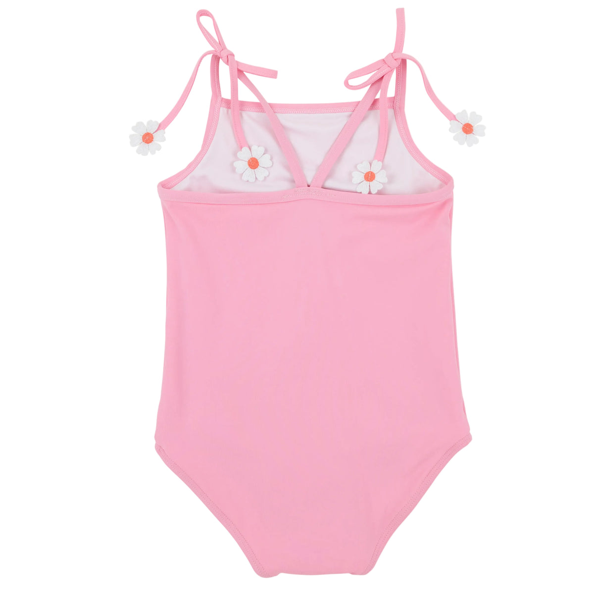 The Beaufort Bonnet Company Baby Girls’ and Girls’ St. Lucia Swimsuit features a light pink one-piece design with charming shoulder ties, daisy flower appliques on the front, and a white chest lining—perfectly styled in classic Beaufort Bonnet fashion.