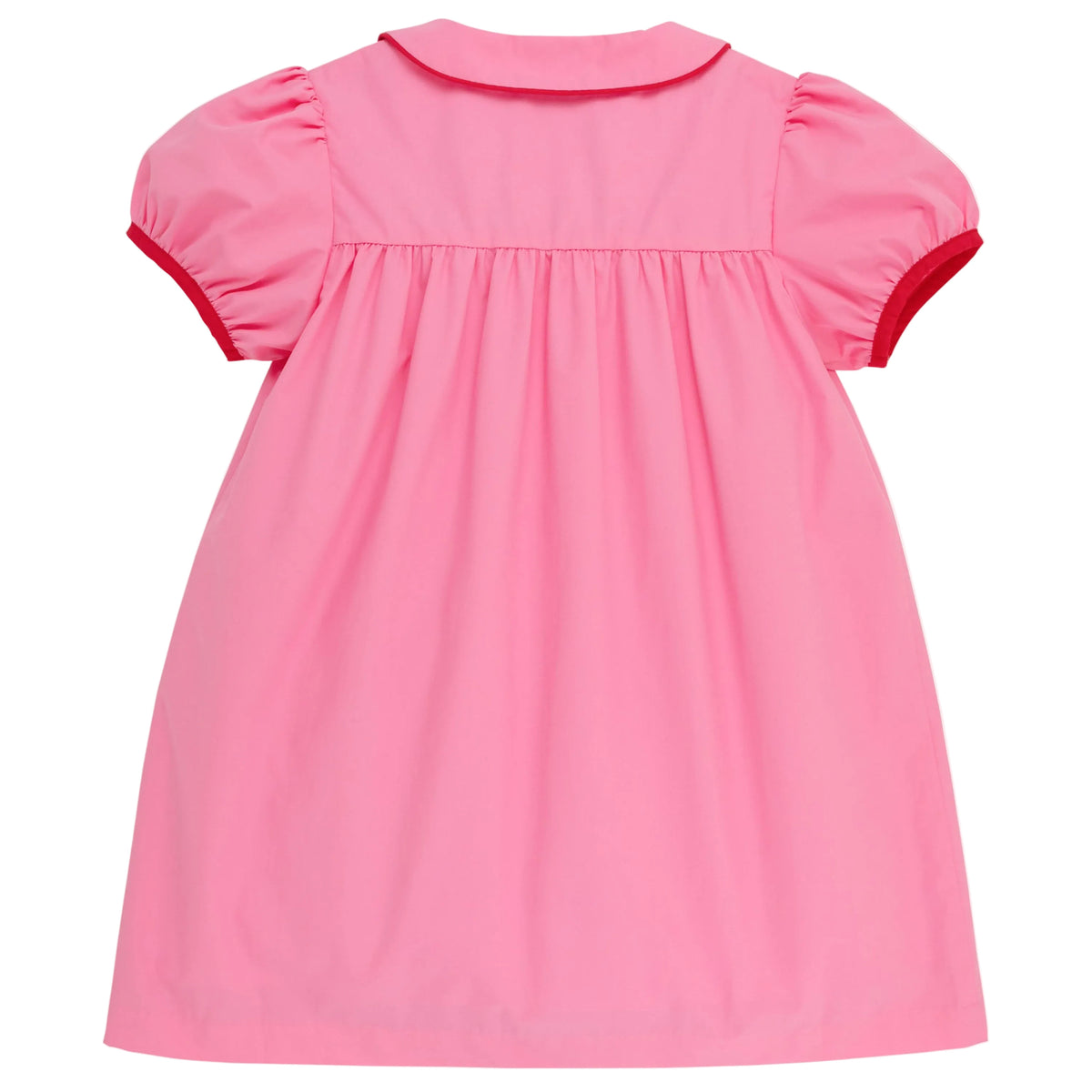 A short-sleeved Tabitha’s Teacher’s Pet Dress from The Beaufort Bonnet Company, featuring a gathered back, red trim on the sleeves, and a classic Peter Pan collar, displayed against a white background.