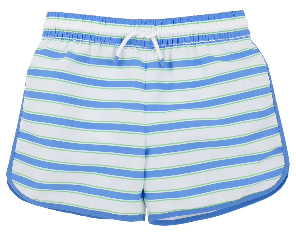 Blue and white Seabrook Stripe Baby Boys’ and Boys’ Tanner Trunks from The Beaufort Bonnet Company, featuring an elastic waistband, white drawstring, and blue trim around the edges, laid flat on a white background.