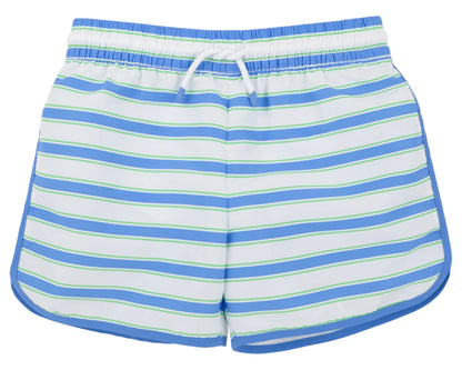 Blue and white Seabrook Stripe Baby Boys’ and Boys’ Tanner Trunks from The Beaufort Bonnet Company, featuring an elastic waistband, white drawstring, and blue trim around the edges, laid flat on a white background.