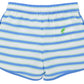 The Beaufort Bonnet Company’s Baby Boys’ and Boys’ Tanner Trunks feature a Seabrook Stripe pattern in blue, white, and green, an elastic waistband, a back pocket adorned with a small green pelican logo, and blend comfort with timeless style.