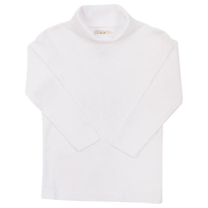 Kids’ Tatum’s Turtleneck Shirt by The Beaufort Bonnet Company: A long-sleeve white unisex turtleneck shirt, laid flat on a plain background and crafted from 100% Pima Cotton for exceptional softness and comfort.