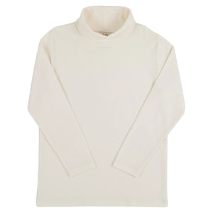 The Beaufort Bonnet Company’s Kids’ Tatum’s Turtleneck Shirt, shown in ivory and made from 100% Pima Cotton, is laid flat on a white background. This long-sleeved unisex shirt combines comfort with timeless style.