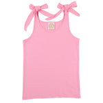 Girls’ Tay Tay Tie Tank by The Beaufort Bonnet Company—crafted from soft Pima cotton with two shoulder straps tied into bows and shown sleeveless in pink against a white background.