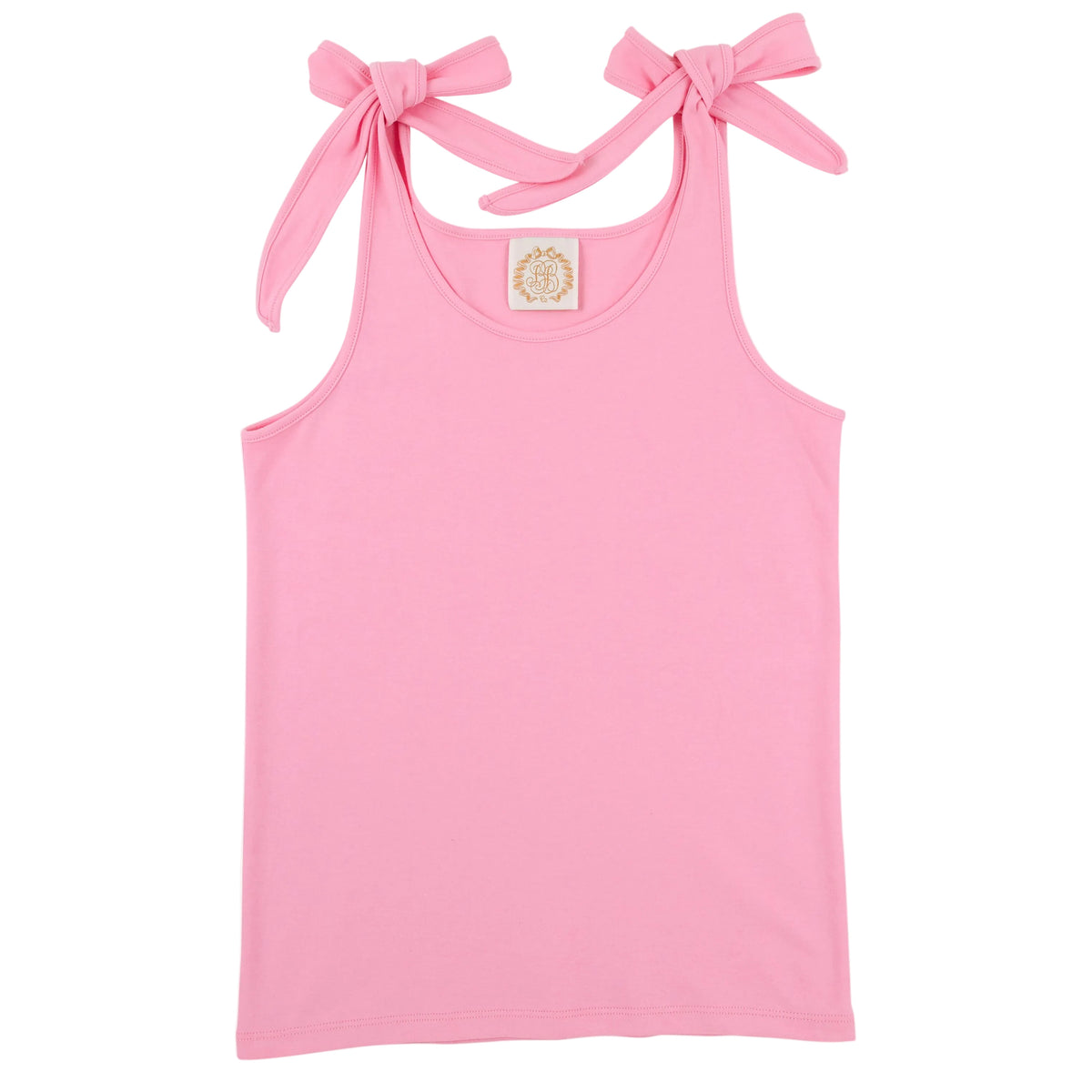 Girls’ Tay Tay Tie Tank by The Beaufort Bonnet Company—crafted from soft Pima cotton with two shoulder straps tied into bows and shown sleeveless in pink against a white background.