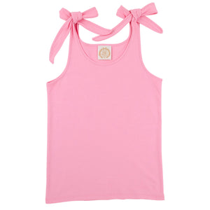 Girls’ Tay Tay Tie Tank by The Beaufort Bonnet Company—crafted from soft Pima cotton with two shoulder straps tied into bows and shown sleeveless in pink against a white background.
