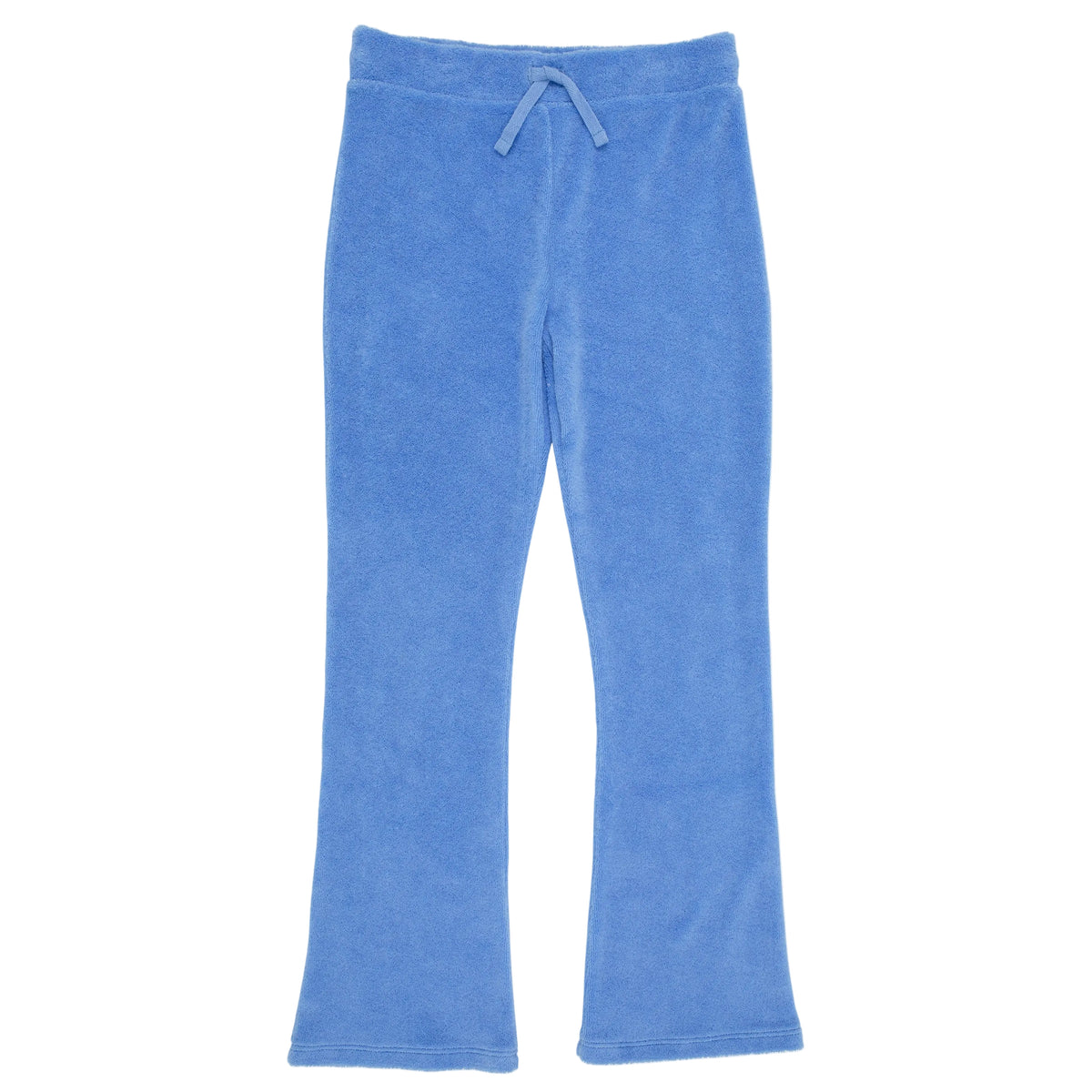 Girls’ Terrycloth Patty Pants by The Beaufort Bonnet Company in light blue, featuring a drawstring waist, laid flat on a white background.