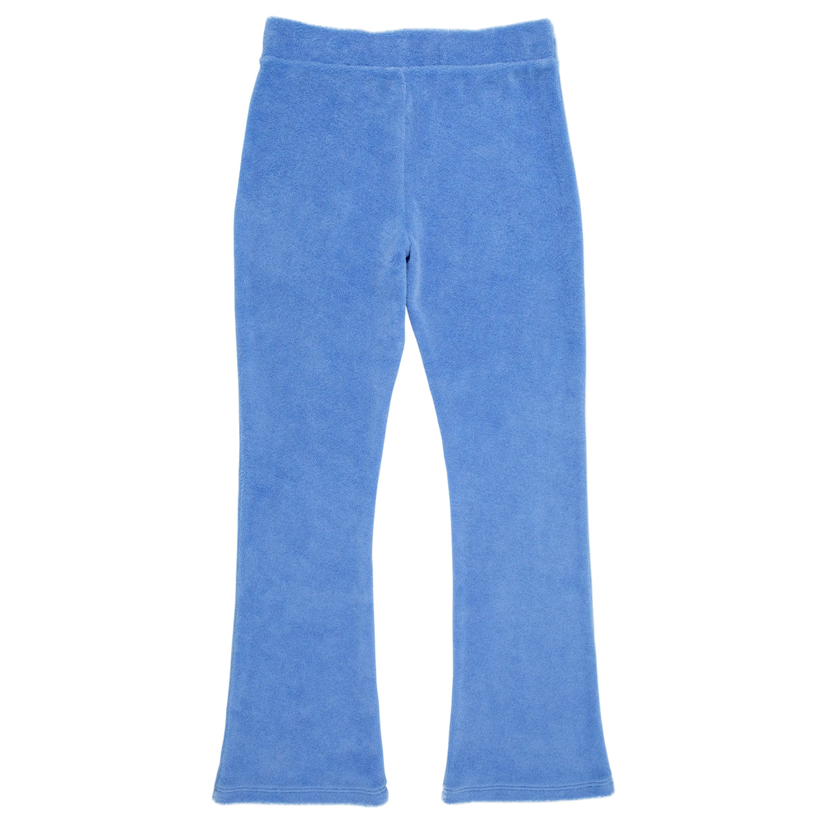 A pair of Girls’ Terrycloth Patty Pants by The Beaufort Bonnet Company, shown in blue with a slight flare at the bottom and displayed laid flat on a white background.