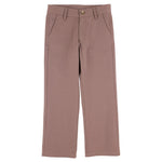 A pair of Boys’ Twill Prep School Pants by The Beaufort Bonnet Company, featuring a mauve color, straight legs, belt loops, front pockets, and a button closure, is laid flat on a white background.