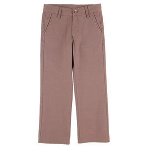 A pair of Boys’ Twill Prep School Pants by The Beaufort Bonnet Company, featuring a mauve color, straight legs, belt loops, front pockets, and a button closure, is laid flat on a white background.