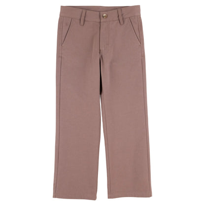 A pair of Boys’ Twill Prep School Pants by The Beaufort Bonnet Company, featuring a mauve color, straight legs, belt loops, front pockets, and a button closure, is laid flat on a white background.