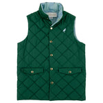 The Baby Boys’ and Boys’ Vaughn Vest by The Beaufort Bonnet Company features a dark green quilted design with snap buttons, two front pockets, a high collar, and a small embroidered bird logo on the left chest.