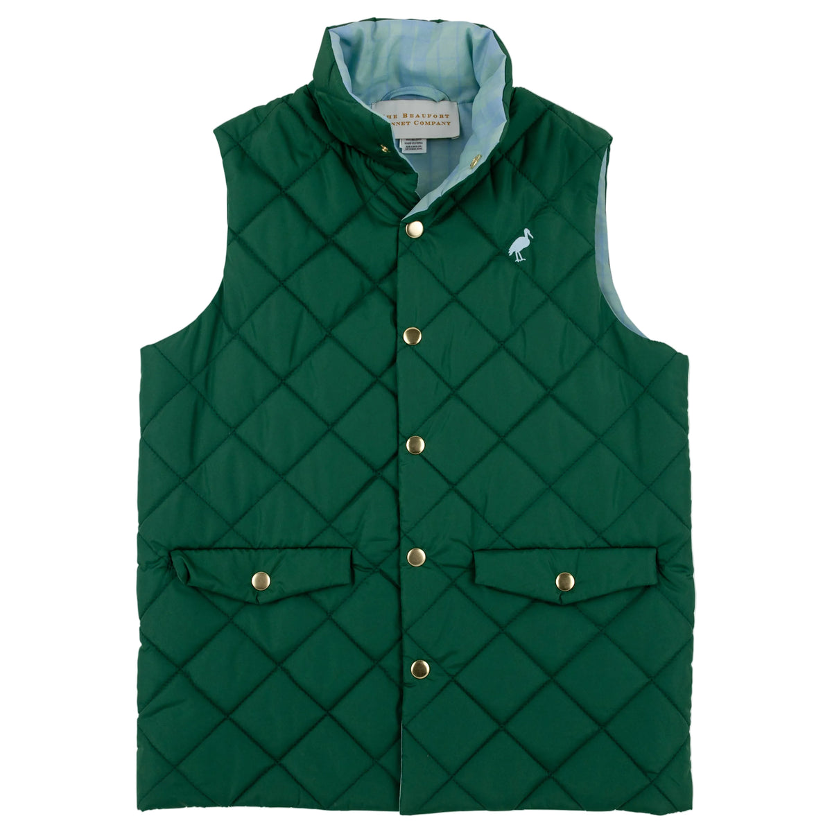 The Baby Boys’ and Boys’ Vaughn Vest by The Beaufort Bonnet Company features a dark green quilted design with snap buttons, two front pockets, a high collar, and a small embroidered bird logo on the left chest.