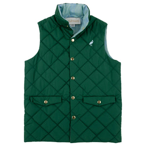 The Baby Boys’ and Boys’ Vaughn Vest by The Beaufort Bonnet Company features a dark green quilted design with snap buttons, two front pockets, a high collar, and a small embroidered bird logo on the left chest.