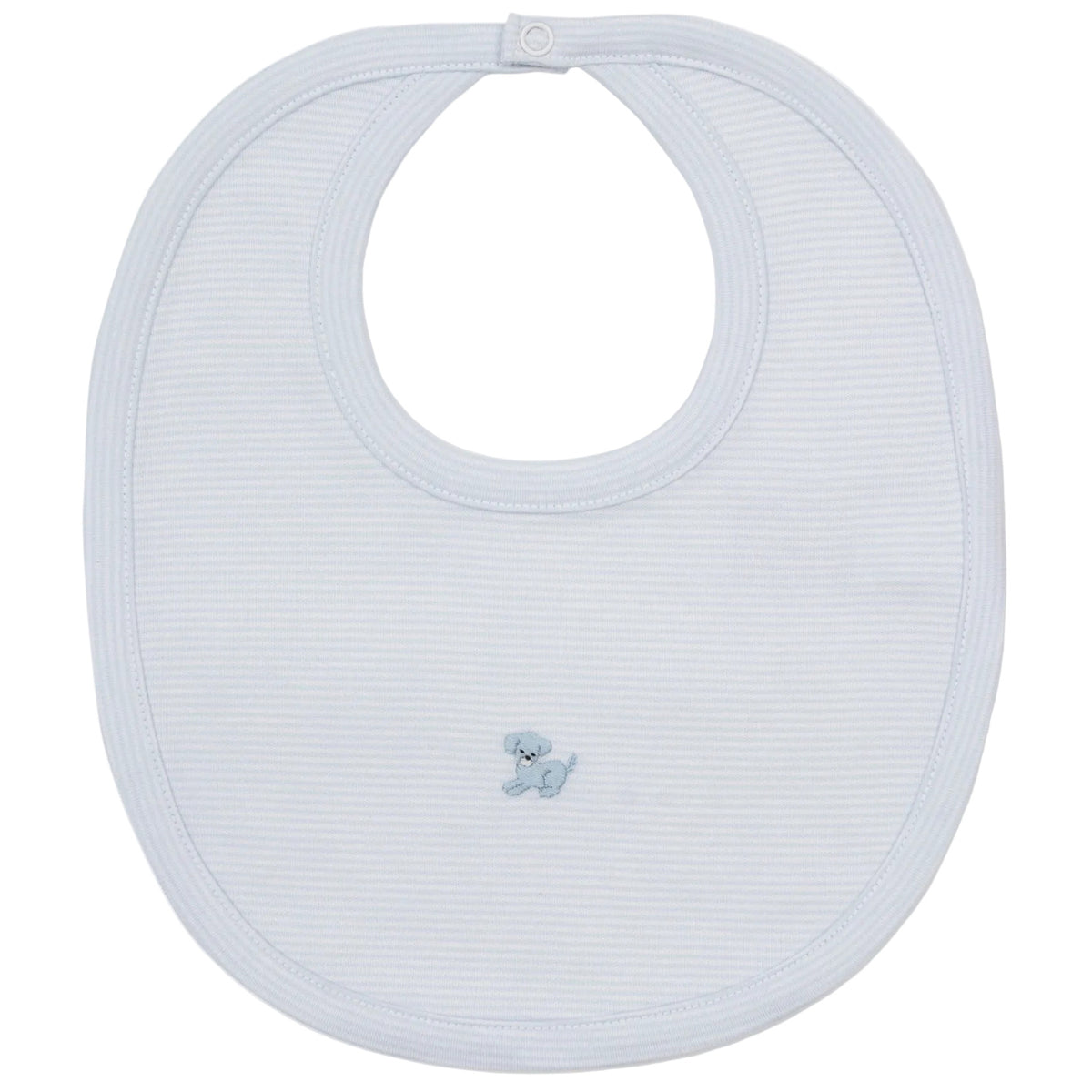 The Kissy Kissy Premier Puppy Paws Hand Emb. Striped Bib is a light blue baby bib made from soft Peruvian cotton, featuring subtle white stripes, a delicate hand-embroidered puppy in the center, and a convenient snap closure at the neck.