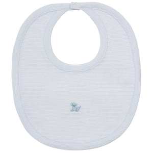 The Kissy Kissy Premier Puppy Paws Hand Emb. Striped Bib is a light blue baby bib made from soft Peruvian cotton, featuring subtle white stripes, a delicate hand-embroidered puppy in the center, and a convenient snap closure at the neck.