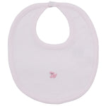 The Premier Puppy Paws Hand Emb. Striped Bib by Kissy Kissy is a light pink baby bib made from soft Peruvian cotton, featuring a snap closure at the top and a small hand-embroidered pink poodle in the center.