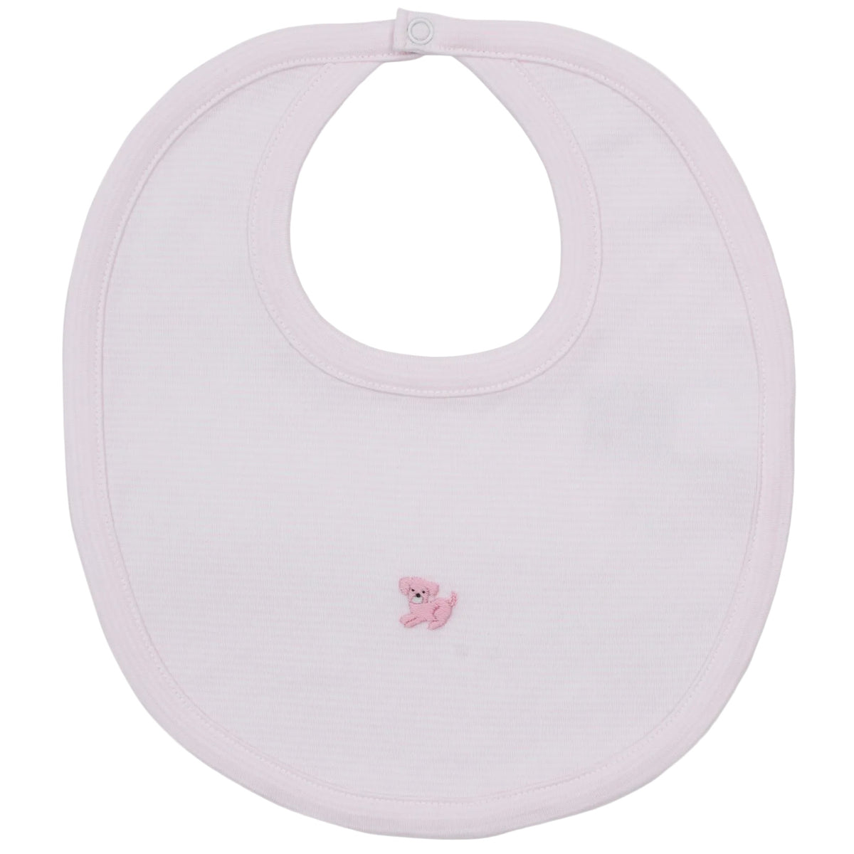 The Premier Puppy Paws Hand Emb. Striped Bib by Kissy Kissy is a light pink baby bib made from soft Peruvian cotton, featuring a snap closure at the top and a small hand-embroidered pink poodle in the center.