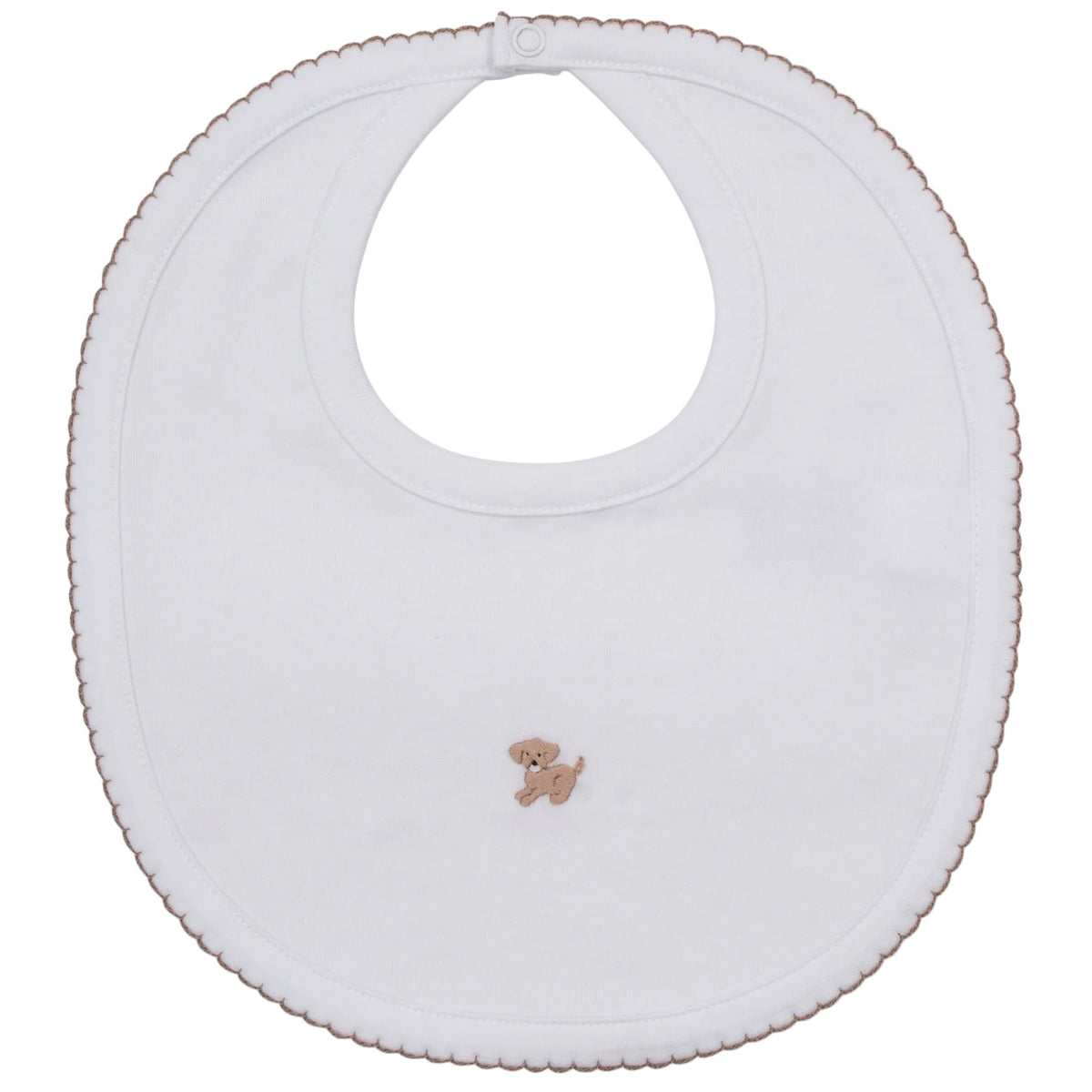 Kissy Kissy Premier Puppy Paws Hand Emb. Striped Bib featuring white Peruvian cotton with brown stitched edging and a small hand embroidered dog in the center.