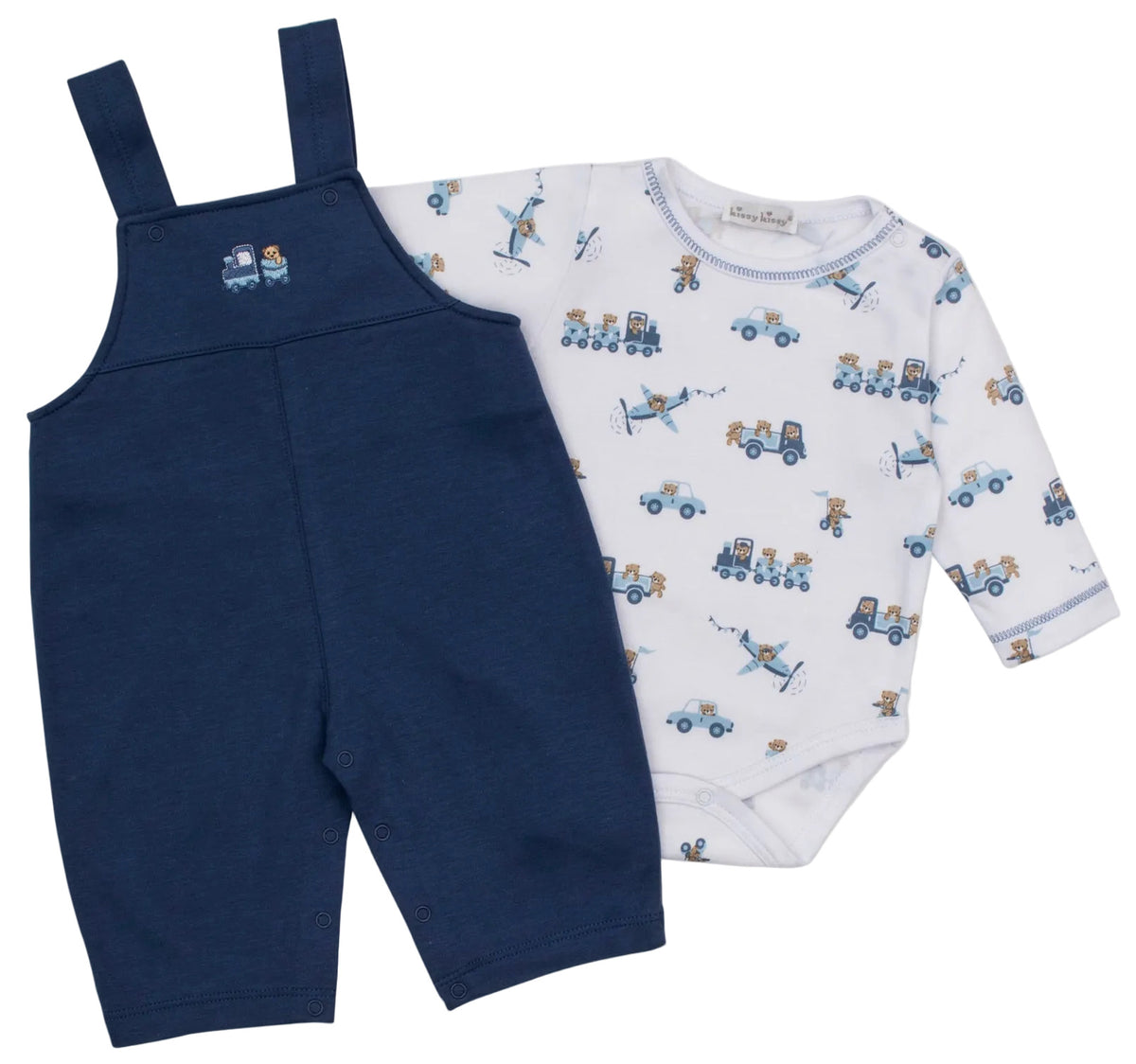 Dress your little one in the Kissy Kissy Baby Boys’ Bears on the Go Overall Set, crafted from soft Pima cotton and featuring navy blue overalls paired with a white long-sleeve onesie adorned with playful blue and yellow truck and bear illustrations.