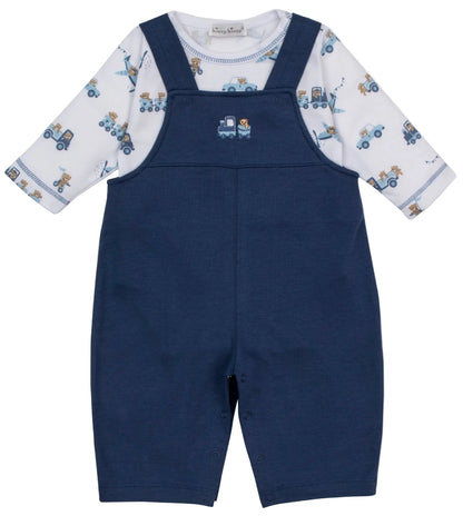 Dress your little one in comfort and style with the Kissy Kissy Baby Boys’ Bears on the Go Overall Set, featuring navy blue overalls paired with a white long-sleeve shirt adorned with charming blue vehicle and bear prints.