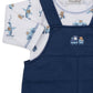 Outfit your baby boy in the Kissy Kissy Baby Boys’ Bears on the Go Overall Set. This charming ensemble features soft Pima cotton blue overalls with an embroidered blue train and bear on the chest, layered over a white long-sleeve shirt adorned with playful teddy bears, blue airplanes, and cars.
