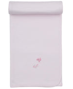 Premier Puppy Paws Hand Emb. Blanket by Kissy Kissy, rolled at the top, crafted from soft Pima cotton and adorned with small hand-embroidered pink fish near the center.