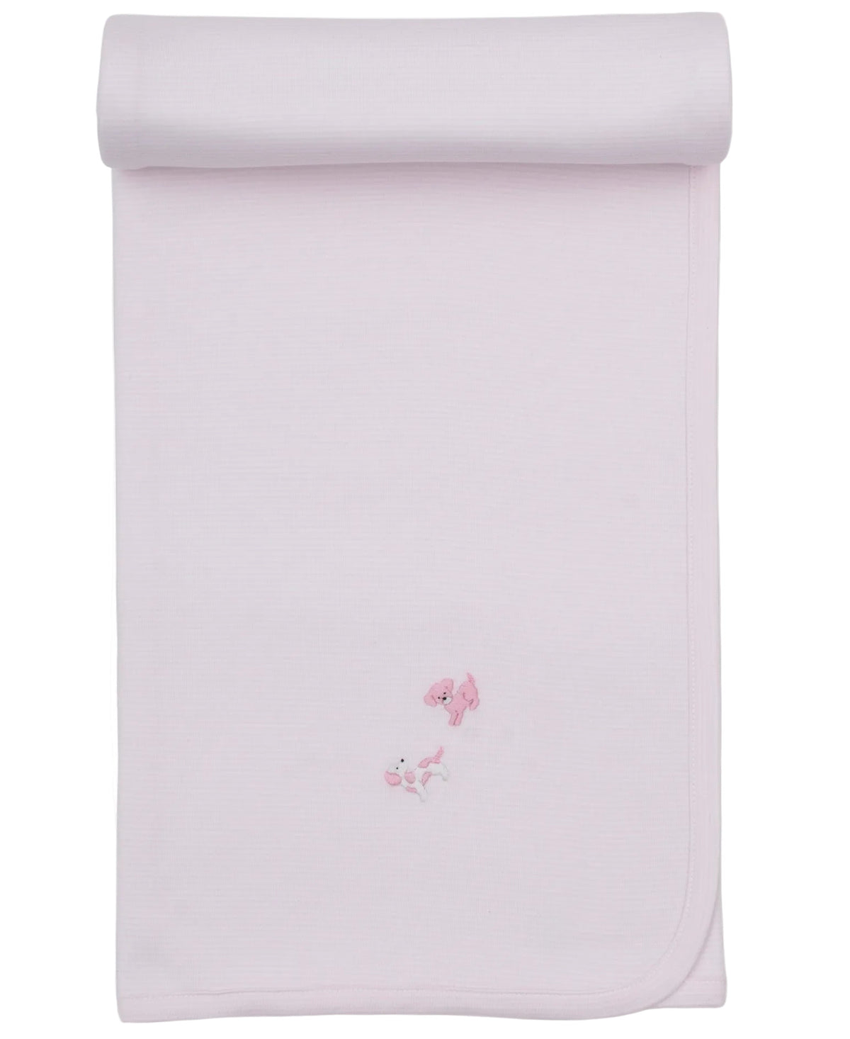 Premier Puppy Paws Hand Emb. Blanket by Kissy Kissy, rolled at the top, crafted from soft Pima cotton and adorned with small hand-embroidered pink fish near the center.