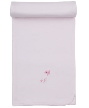 Premier Puppy Paws Hand Emb. Blanket by Kissy Kissy, rolled at the top, crafted from soft Pima cotton and adorned with small hand-embroidered pink fish near the center.