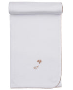 Wrap your little one in the Kissy Kissy Premier Puppy Paws Hand Emb. Blanket—crafted from soft Pima cotton with white hand embroidery and scalloped brown edging. This charming design features delicate embroidered images of a brown dog, a white dog, and a bone near the bottom center, making it a perfect keepsake for your baby.