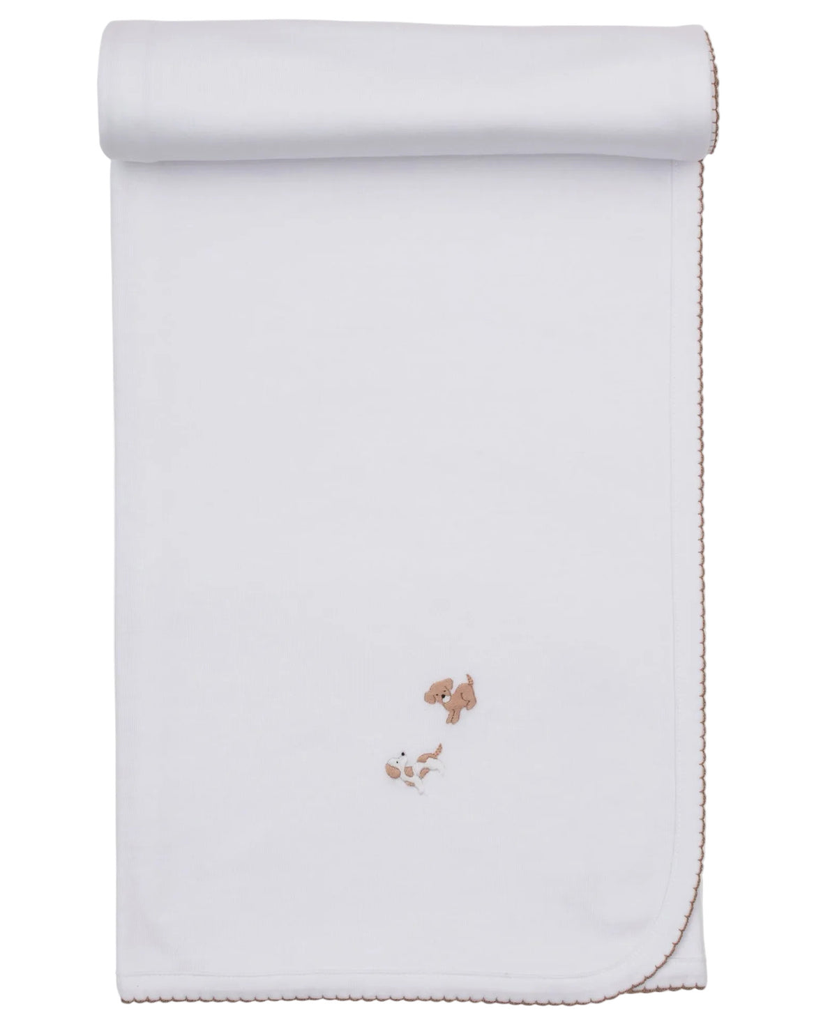 Wrap your little one in the Kissy Kissy Premier Puppy Paws Hand Emb. Blanket—crafted from soft Pima cotton with white hand embroidery and scalloped brown edging. This charming design features delicate embroidered images of a brown dog, a white dog, and a bone near the bottom center, making it a perfect keepsake for your baby.
