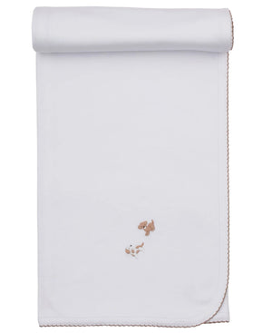 Wrap your little one in the Kissy Kissy Premier Puppy Paws Hand Emb. Blanket—crafted from soft Pima cotton with white hand embroidery and scalloped brown edging. This charming design features delicate embroidered images of a brown dog, a white dog, and a bone near the bottom center, making it a perfect keepsake for your baby.