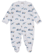 The Kissy Kissy Baby Boys’ Bears on the Go Printed Zip Footie is crafted from soft Pima cotton and features charming blue truck, teddy bear, and airplane prints—perfect for little bears on the move. Designed with a convenient front zip closure and long sleeves for cozy comfort.