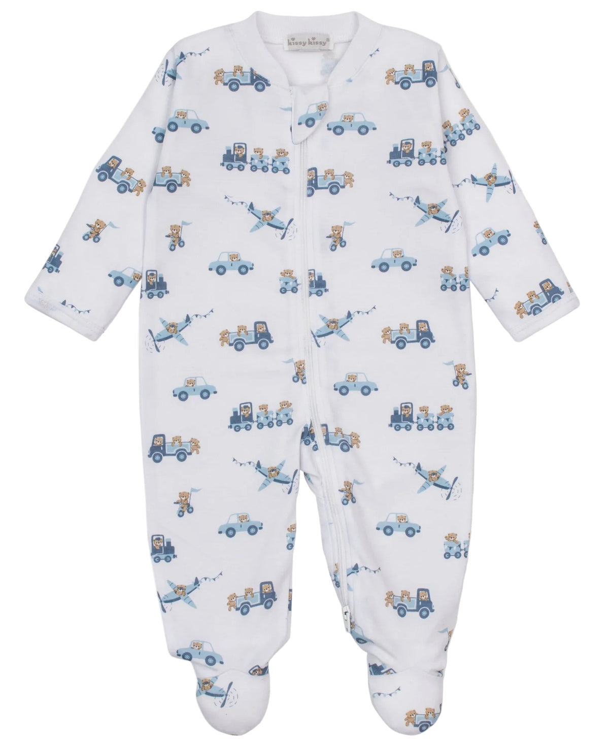 The Kissy Kissy Baby Boys’ Bears on the Go Printed Zip Footie is crafted from soft Pima cotton and features charming blue truck, teddy bear, and airplane prints—perfect for little bears on the move. Designed with a convenient front zip closure and long sleeves for cozy comfort.
