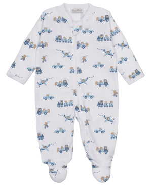 The Kissy Kissy Baby Boys’ Bears on the Go Printed Zip Footie is crafted from soft Pima cotton and features charming blue truck, teddy bear, and airplane prints—perfect for little bears on the move. Designed with a convenient front zip closure and long sleeves for cozy comfort.