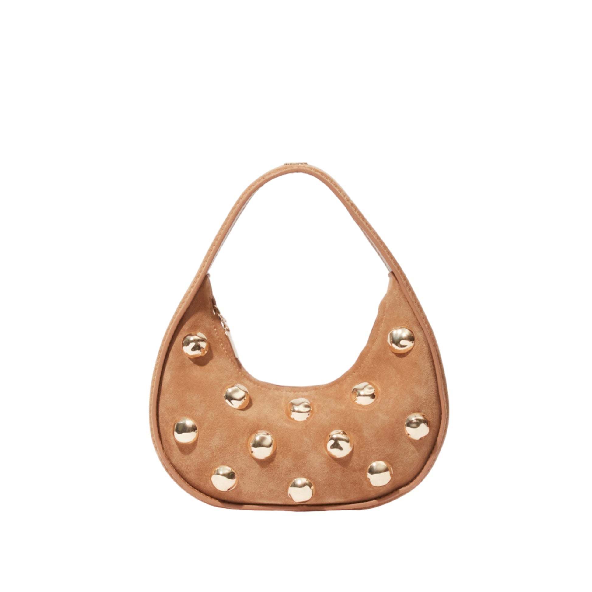 The Simkhai Finn Studded Suede Shoulder Bag features a rounded tan suede design, single handle, and bold gold metallic studs on the front.