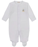 The Kissy Kissy Baby Premier Noah’s Journey Hand Emb. Footie is a white long-sleeve onesie crafted from soft Peruvian cotton, featuring front snap buttons and delicate hand embroidery of a small duck and bunny on the chest.