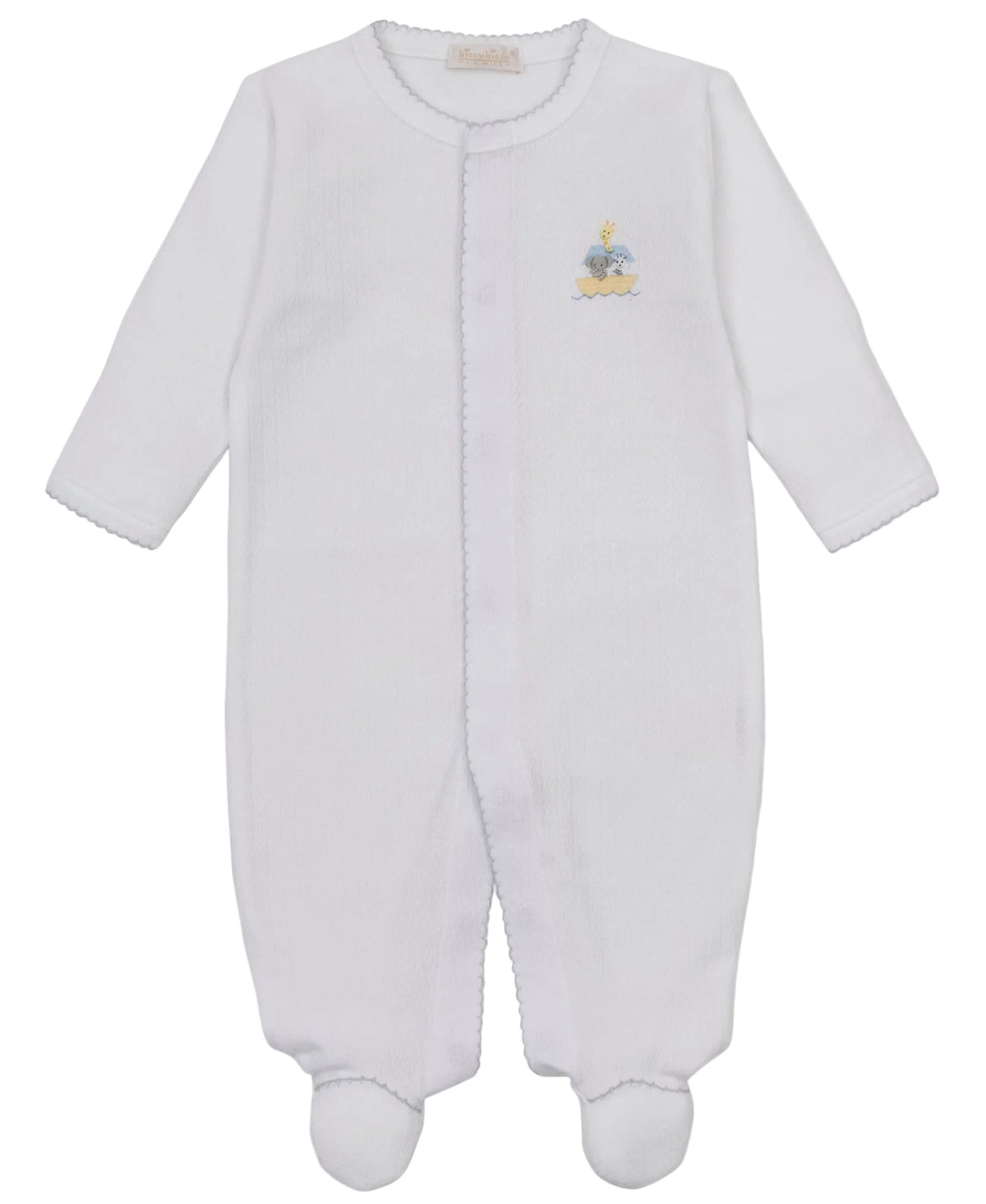 The Kissy Kissy Baby Premier Noah’s Journey Hand Emb. Footie is a white long-sleeve onesie crafted from soft Peruvian cotton, featuring front snap buttons and delicate hand embroidery of a small duck and bunny on the chest.