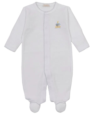 The Kissy Kissy Baby Premier Noah’s Journey Hand Emb. Footie is a white long-sleeve onesie crafted from soft Peruvian cotton, featuring front snap buttons and delicate hand embroidery of a small duck and bunny on the chest.