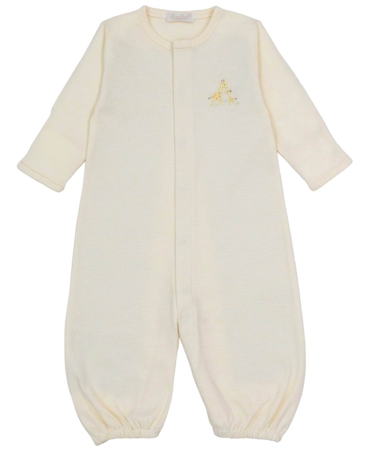 Sure! Here’s a rewritten sentence using your product data: The Kissy Kissy Baby Premier Giraffe Love Hand Embroidered Striped Convertible Gown is made from soft Pima cotton, with long sleeves and legs, and features a charming hand-embroidered giraffe and baby giraffe on the chest. This cozy striped gown easily converts for playtime or naptime.