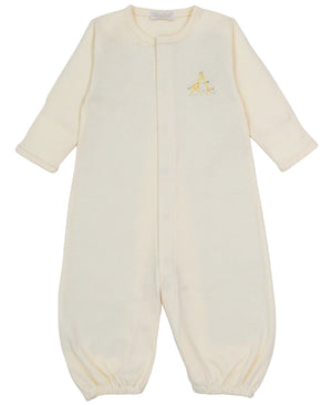 Sure! Here’s a rewritten sentence using your product data: The Kissy Kissy Baby Premier Giraffe Love Hand Embroidered Striped Convertible Gown is made from soft Pima cotton, with long sleeves and legs, and features a charming hand-embroidered giraffe and baby giraffe on the chest. This cozy striped gown easily converts for playtime or naptime.