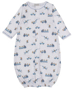 Kissy Kissy Baby Boys’ Bears on the Go Printed Convertible Gown crafted from soft Pima cotton, features a charming blue and tan vehicle and animal print, snap buttons down the front, and elastic at the bottom for easy changes.